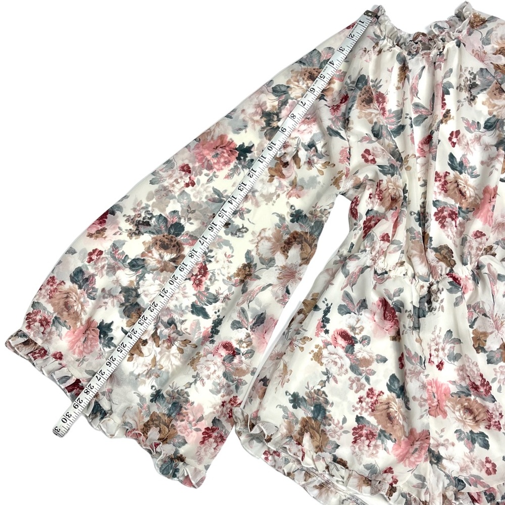 Romwe Floral Chiffon Ruffle Long Bell Sleeve High Neck Open Back Loose Romper XS - Picture 6 of 7